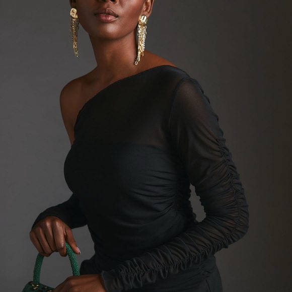 Anthropologie Black Sheer One-Shoulder Shirt - Picture 4 of 10